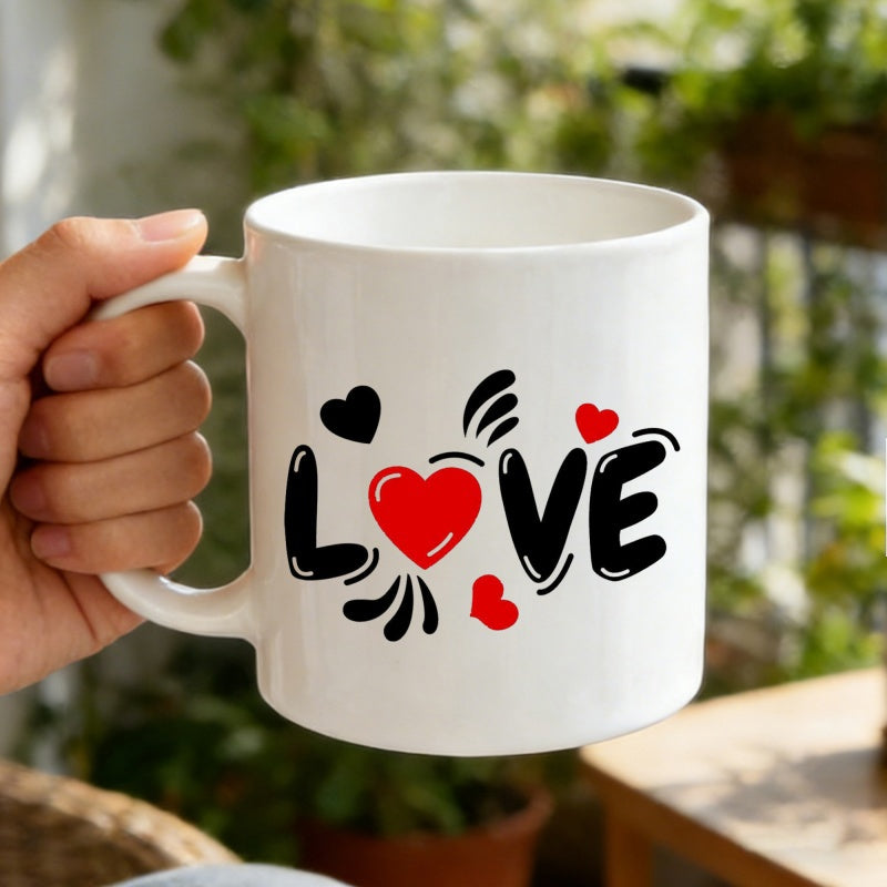 Tailorly White Ceramic 11 oz Mug - Love Artistic Script Lettering Accented With Vibrant Red Hearts And Flowing Black Decorative Lines Heart