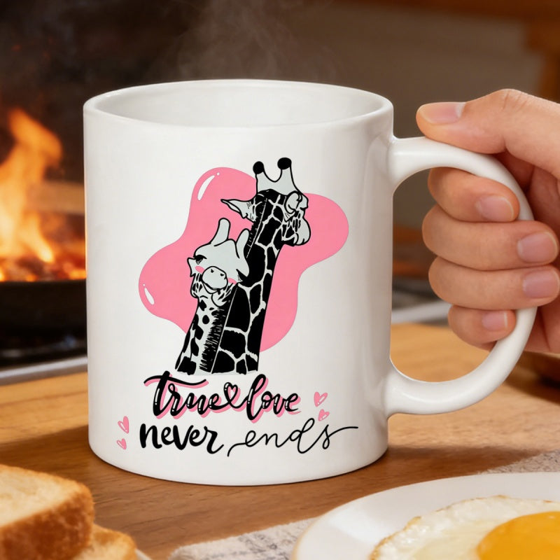 Tailorly White Ceramic 11 oz Mug - True Love Never Ends Adorable Snuggling Pair Surrounded By Pink Hearts And Splashes Giraffe