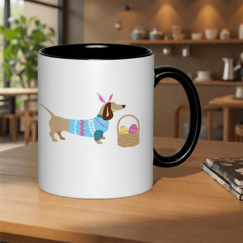 Tailorly Black Accent 11 oz Mug - dachshund wearing bunny ears and sweater with easter eggs basket