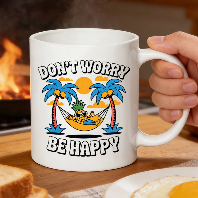 Tailorly White Ceramic 11 oz Mug - Don't Worry Be Happy Tropical Summer Scene Featuring Sun Palm Trees And Relaxed Pineapple