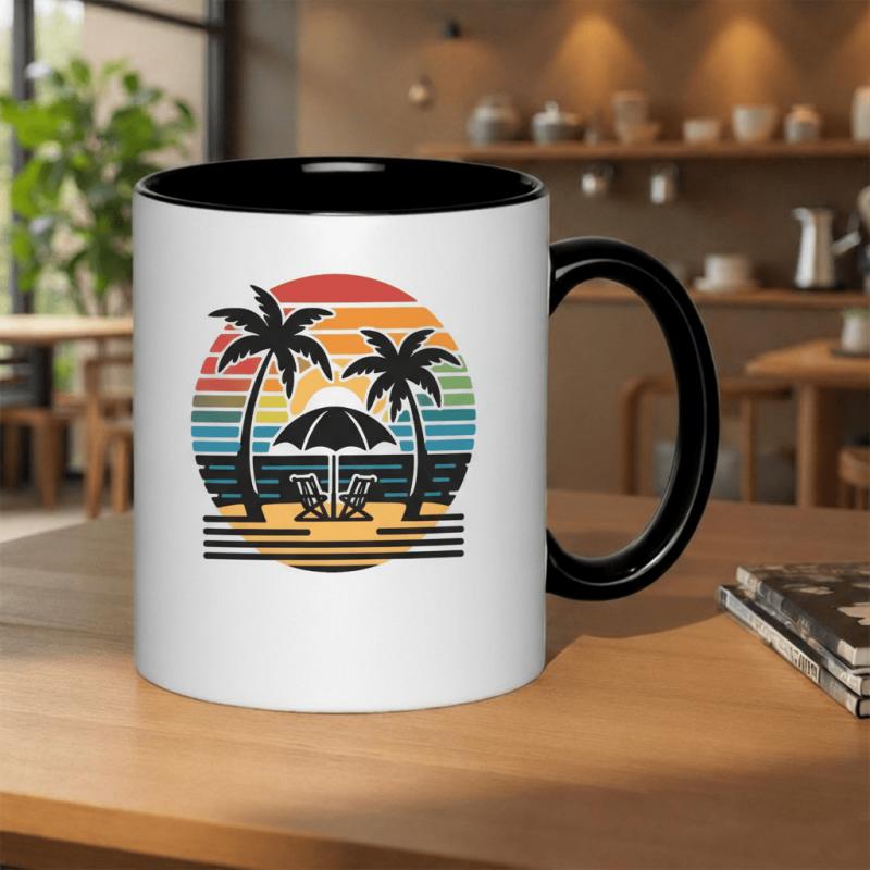 Tailorly Black Accent 11 oz Mug - palm trees and chairs