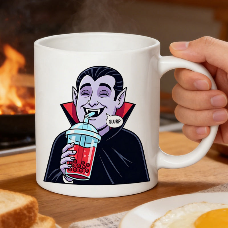 Tailorly White Ceramic 11 oz Mug - Slurp Cartoon Count Drinking Red Boba Tea With A Satisfied Happy Expression Vampire