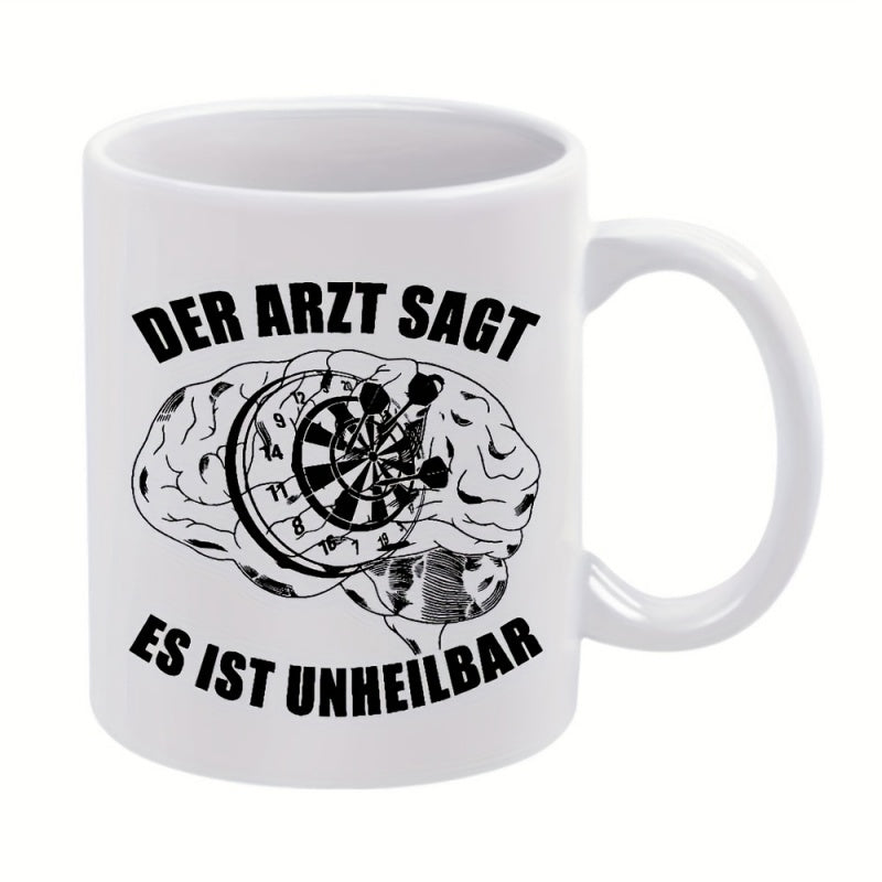 Tailorly White Ceramic 11 oz Mug - Monochromatic Anatomical Sketch With Dartboard And Darts Embedded Within Human Brain