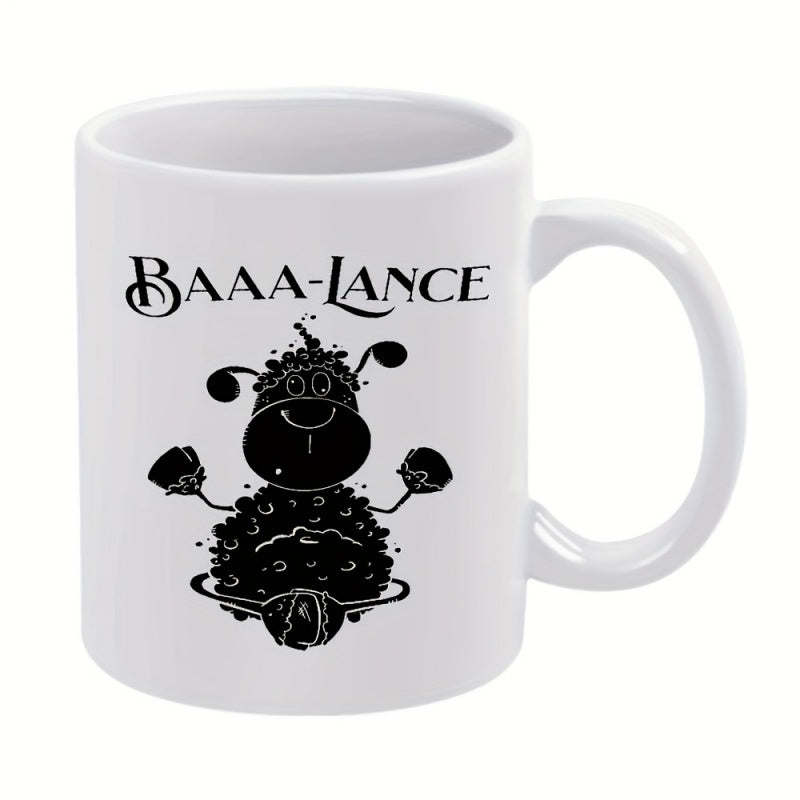 Tailorly White Ceramic 11 oz Mug - BAAA-LANCE Whimsical Black Ink Cartoon Sheep Meditating In Calm Zen Pose Sheep