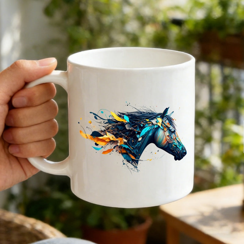 Tailorly White Ceramic 11 oz Mug - Abstract Artistic Dark Teal Horse Head Featuring Vibrant Golden Paint Splashes Horse