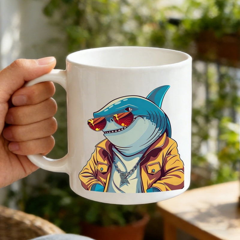 Tailorly White Ceramic 11 oz Mug - Stylized Cool Blue Predator Wearing Sunglasses And Fashionable Yellow Jacket Shark