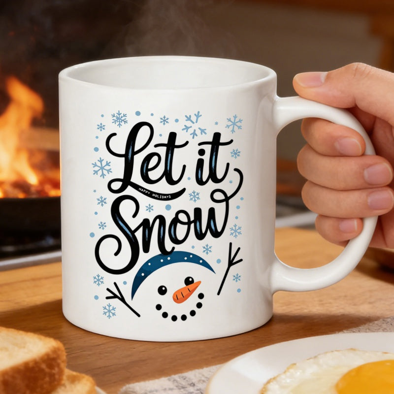 Tailorly White Ceramic 11 oz Mug - Let It Snow Snowy Winter Scene With A Friendly Snowman Face Surrounded By Small Blue Snowflakes Snowman
