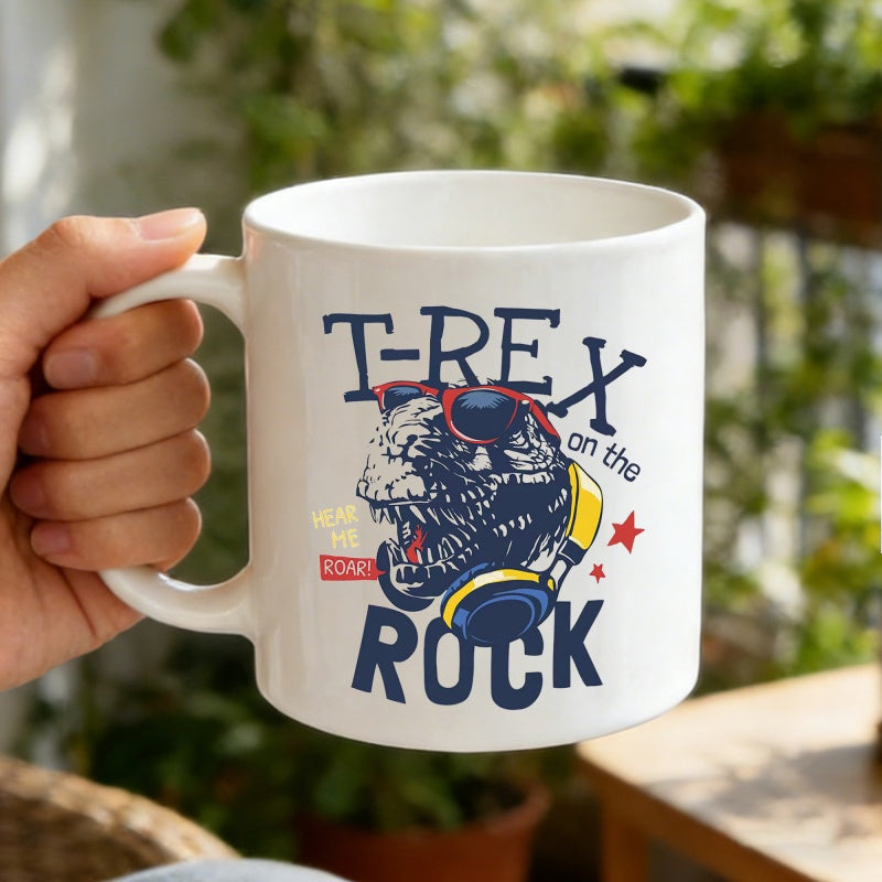 Tailorly White Ceramic 11 oz Mug - T Rex On The Rock Hear Me Roar Aggressive Prehistoric Predator Wearing Trendy Headphones And Sunglasses T Rex