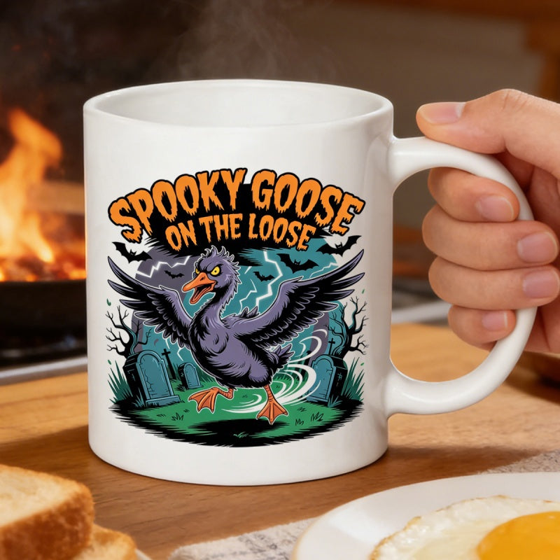 Tailorly White Ceramic 11 oz Mug - Spooky Goose On The Loose Dark Bird Spreading Wings Under Moonlight Near Cemetery Bats Goose