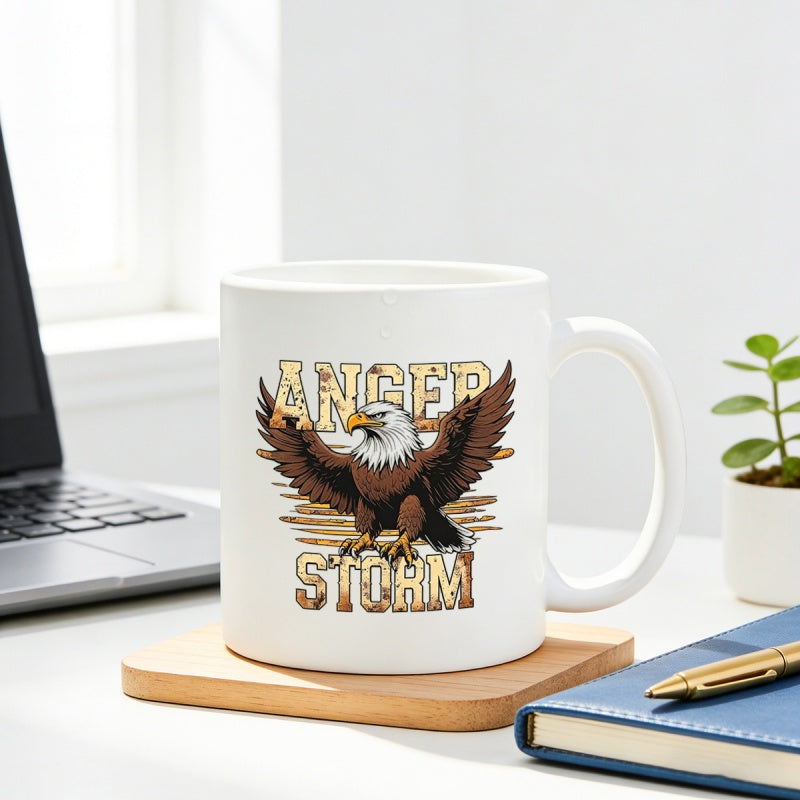 Tailorly White Ceramic 11 oz Mug - Anger Storm Powerful Bald Eagle Spreading Its Large Brown Wings In Striking Pose Eagle