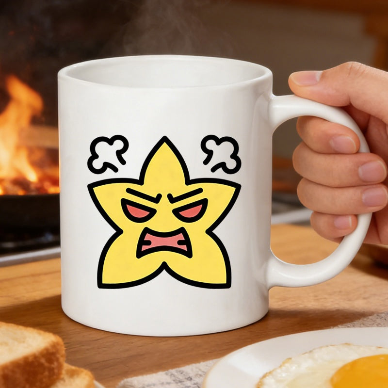 Tailorly White Ceramic 11 oz Mug - Angry Yellow Cartoon Shape With Smoke Emitting From Its Head Star