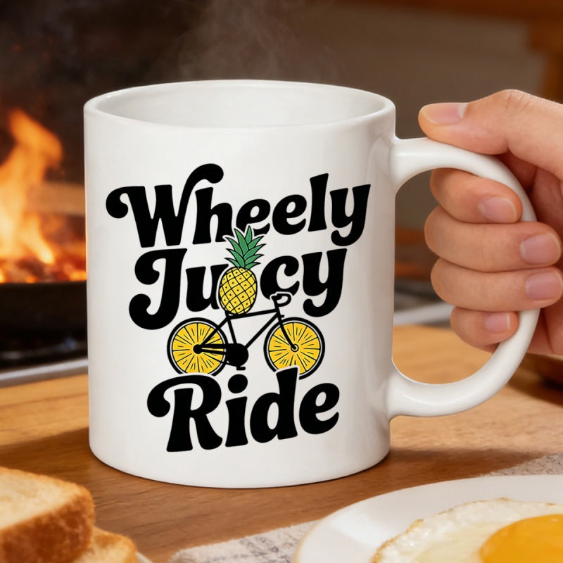 Tailorly White Ceramic 11 oz Mug - Wheely Juicy Ride Creative Fruit Themed Design Featuring Citrus Slice Wheels And Pineapple Frame Bicycle