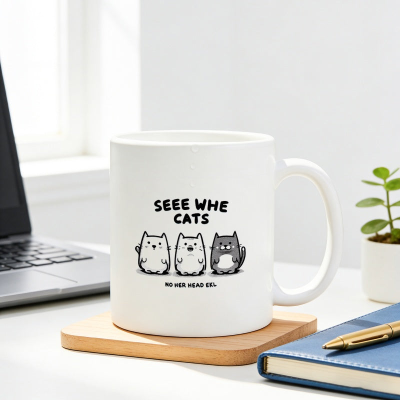 Tailorly White Ceramic 11 oz Mug - Seee Whe Cats Three Adorable Round Cartoon Kitties Sitting Together In A Row Cat