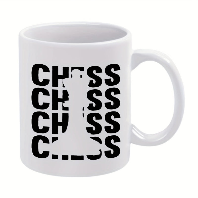 Tailorly White Ceramic 11 oz Mug - Chess Repeated Block Letters Pattern Featuring A White King Chess