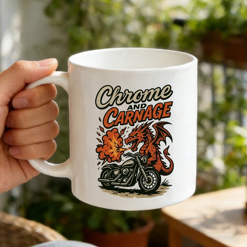 Tailorly White Ceramic 11 oz Mug - Chrome And Carnage Fierce Red Dragon Breathing Fire While Sitting Behind A Classic Black Motorcycle