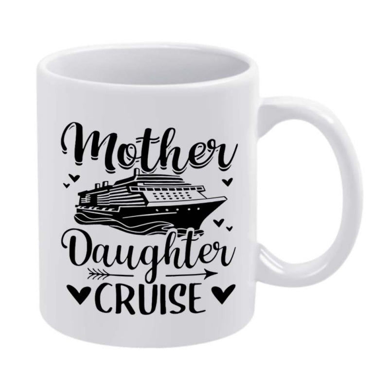 Tailorly White Ceramic 11 oz Mug - Mother Daughter Cruise Majestic Ocean Vessel Sailing Across Gentle Waves Surrounded By Small Hearts Ship