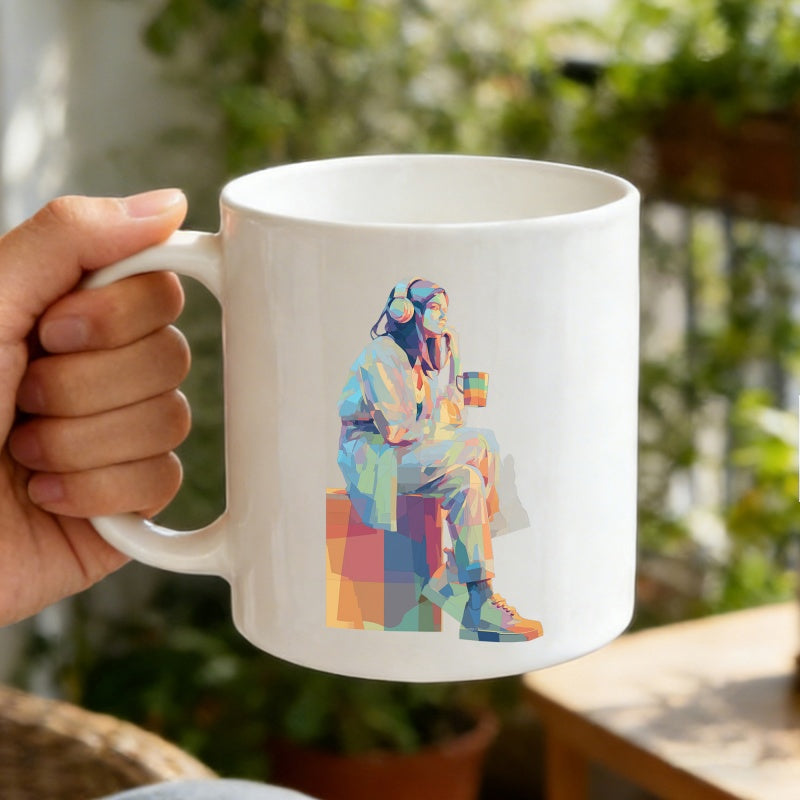 Tailorly White Ceramic 11 oz Mug - Vibrant Pop Art Illustration Of Relaxing Person With Large Modern Headphones Woman