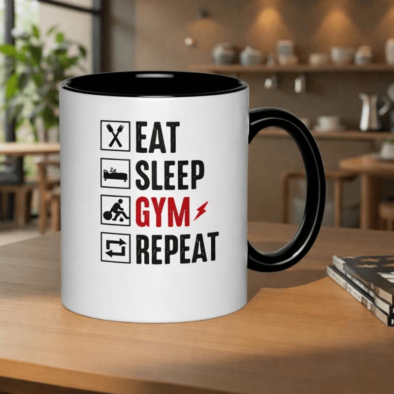 Tailorly Black Accent 11 oz Mug - gym repeat funny workout fitness text print