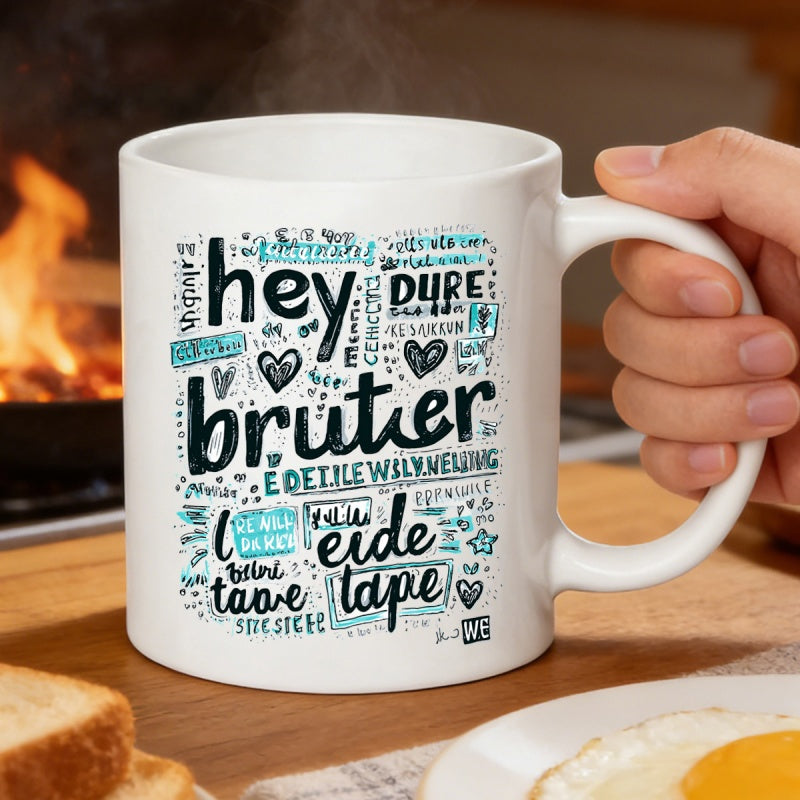 Tailorly White Ceramic 11 oz Mug - Hey Bruter Artistic Hand Drawn Typography With Small Hearts And Decorative Star Elements Mug