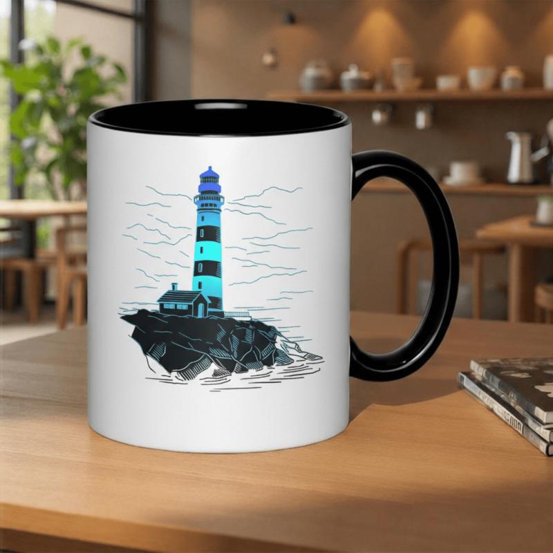 Tailorly Black Accent 11 oz Mug - lighthouse on island ships