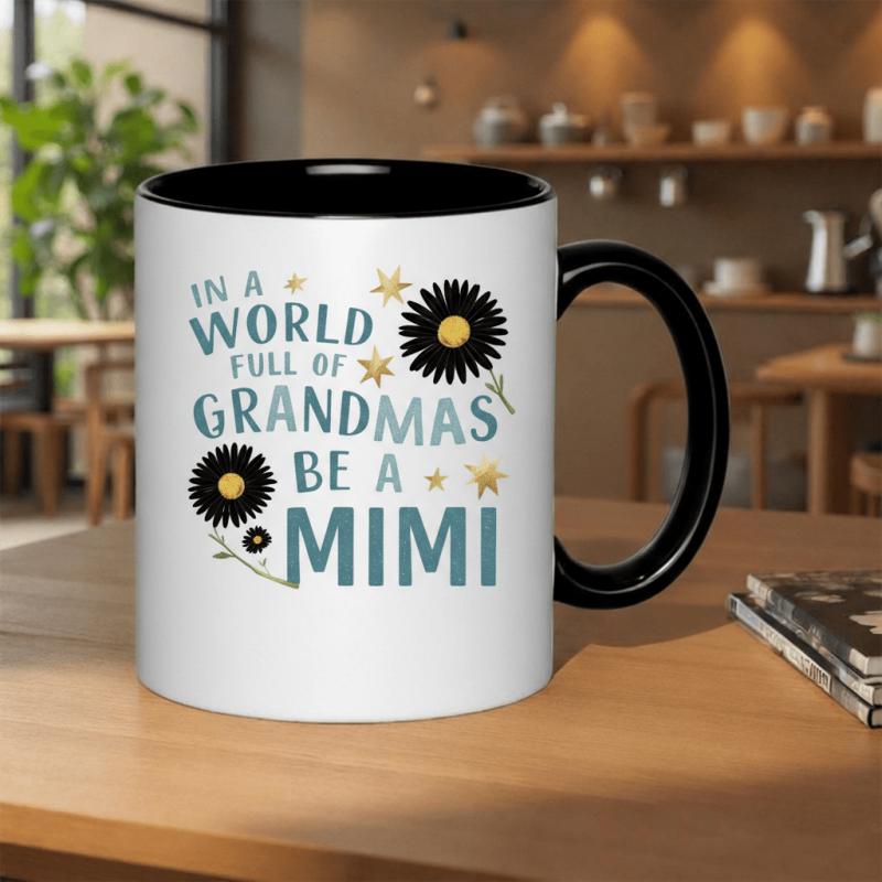 Tailorly Black Accent 11 oz Mug - in a world full of grandmas mimi flowers and stars 11oz printed ceramic mug coffee mug 11oz capacity 325ml dishwasher