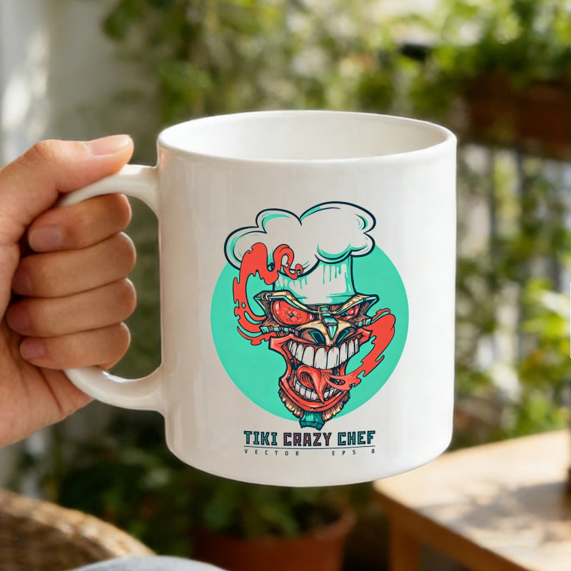 Tailorly White Ceramic 11 oz Mug - Tiki Crazy Chef Stylized Tribal Mask Wearing A Tall White Chef Hat Tiki