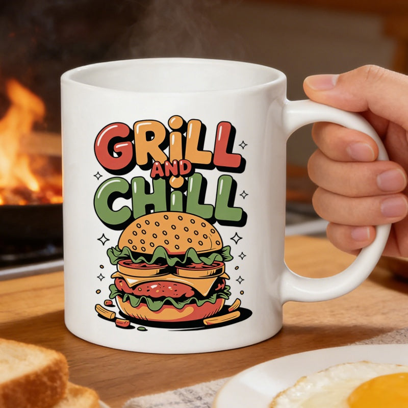 Tailorly White Ceramic 11 oz Mug - Grill And Chill Mouth Watering Delicious Stacked Burger With Lettuce And Melted Cheese Hamburger