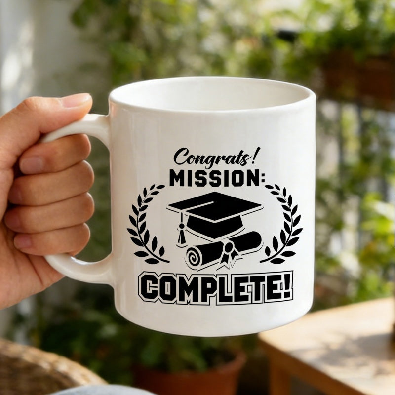 Tailorly White Ceramic 11 oz Mug - Congrats Mission Complete Traditional Academic Graduation Cap With Wreath And Rolled Scroll Paper Graduation Cap