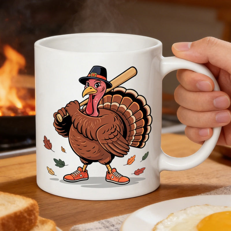 Tailorly White Ceramic 11 oz Mug - Festive Cartoon Thanksgiving Character Holding A Wooden Bat Among Falling Leaves Turkey