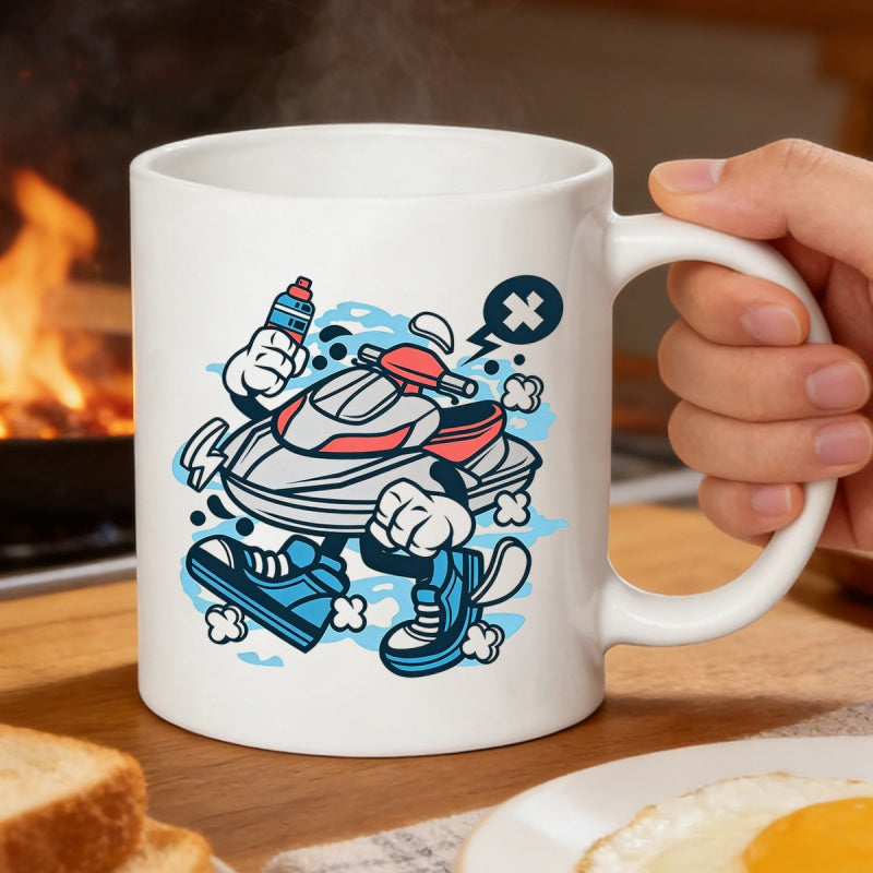 Tailorly White Ceramic 11 oz Mug - Cartoon Anthropomorphic Running Character With Sneakers Among Blue Water Splashes Jet Ski