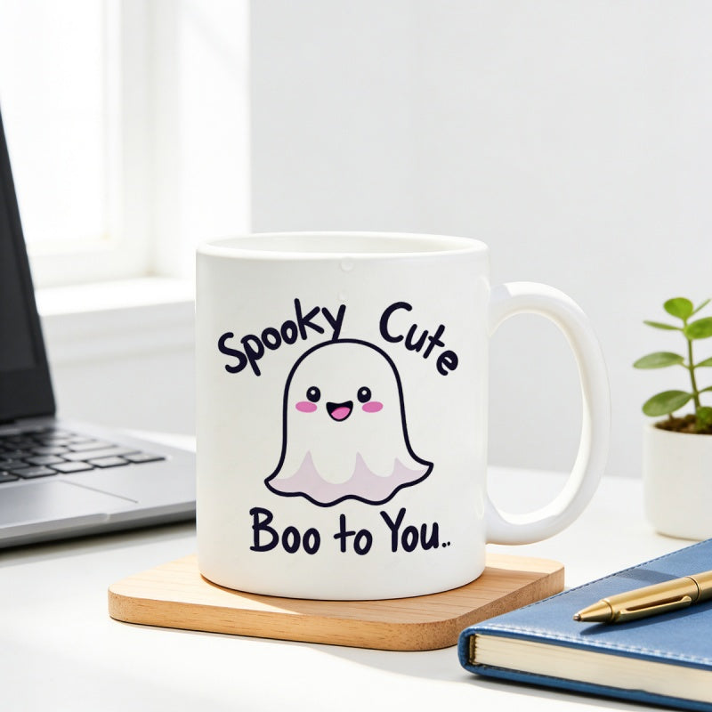Tailorly White Ceramic 11 oz Mug - Spooky Cute Boo To You Floating Friendly Cartoon Spirit With Cheerful Expression And Blushing Cheeks Ghost