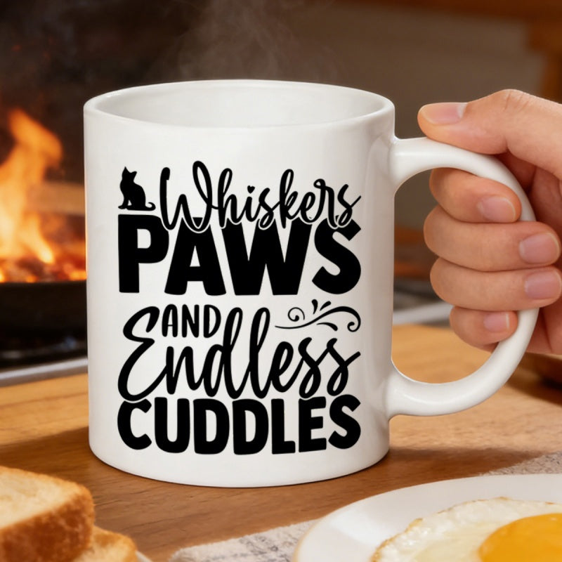 Tailorly White Ceramic 11 oz Mug - Whiskers Paws And Endless Cuddles Simple Black Sitting Feline Silhouette With Decorative Swirls And Script Cat