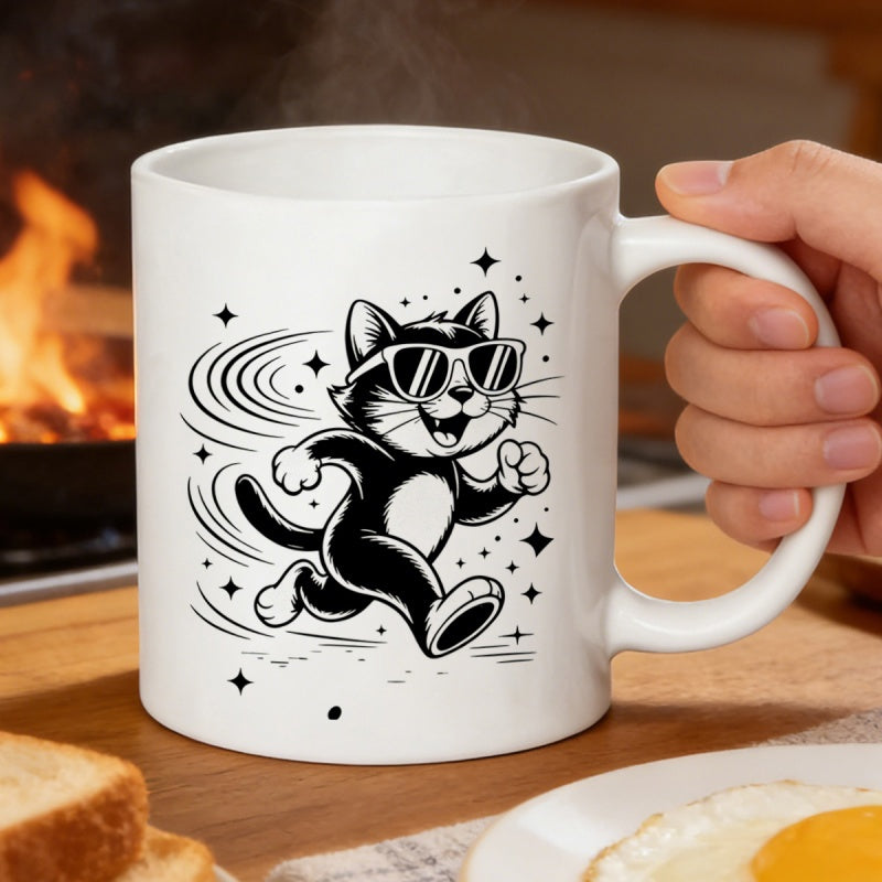 Tailorly White Ceramic 11 oz Mug - Energetic Running Cat Wearing Stylish Sunglasses Surrounded By Twinkling Small Stars Cat