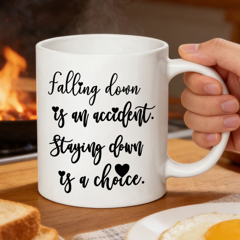 Tailorly White Ceramic 11 oz Mug - Falling Down Is An Accident Staying Down Is A Choice Minimalist Black Cursive Script Featuring Tiny Elegant Decorative Heart