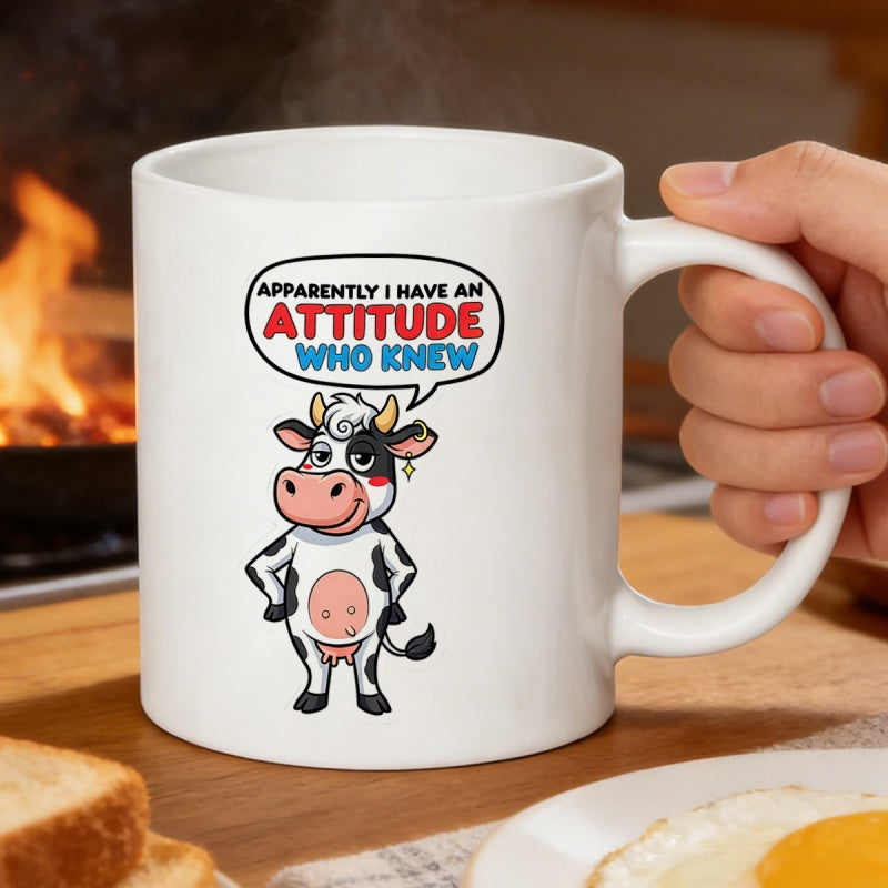 Tailorly White Ceramic 11 oz Mug - Apparently I Have An Attitude Who Knew Playful Cartoon Character Standing Confidently With Bold Spotted Pattern Cow