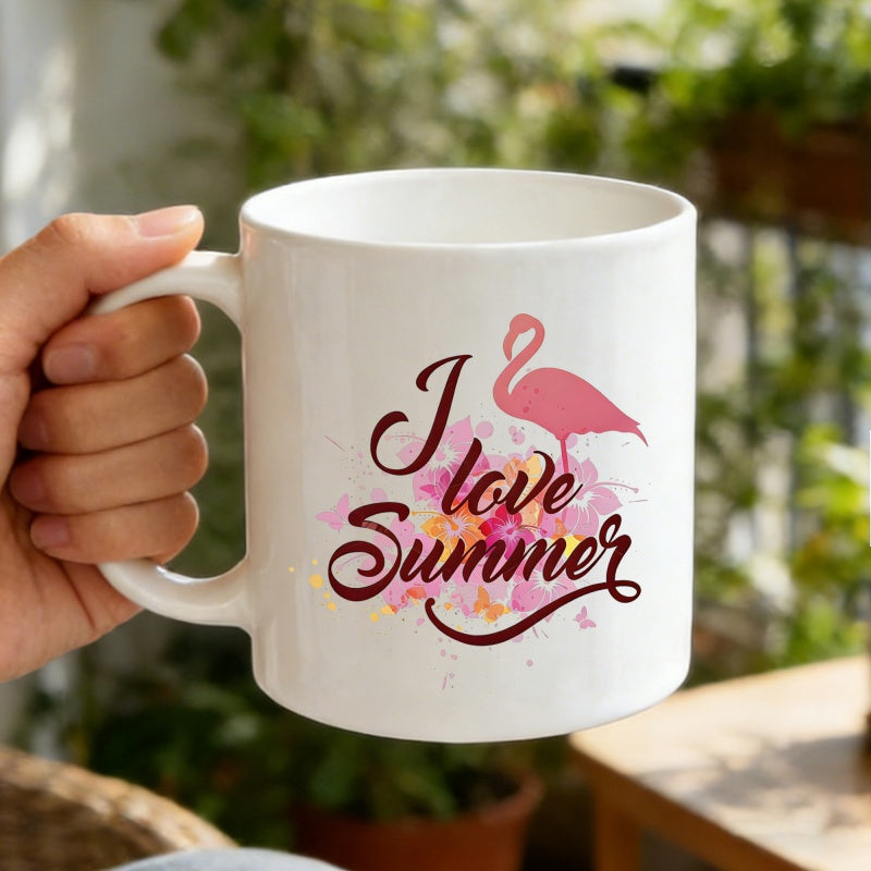 Tailorly White Ceramic 11 oz Mug - I Love Summer Pink Silhouette Standing Gracefully Amidst Colorful Watercolor Splashes Flamingo