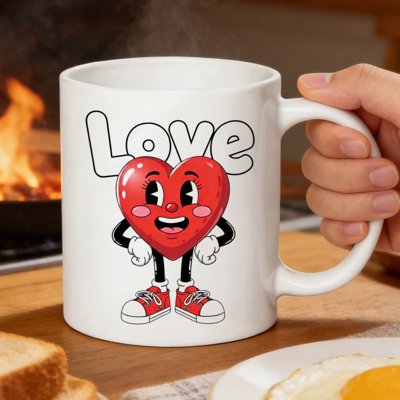 Tailorly White Ceramic 11 oz Mug - Love Retro Cartoon Character With Red Sneakers And White Gloves Heart