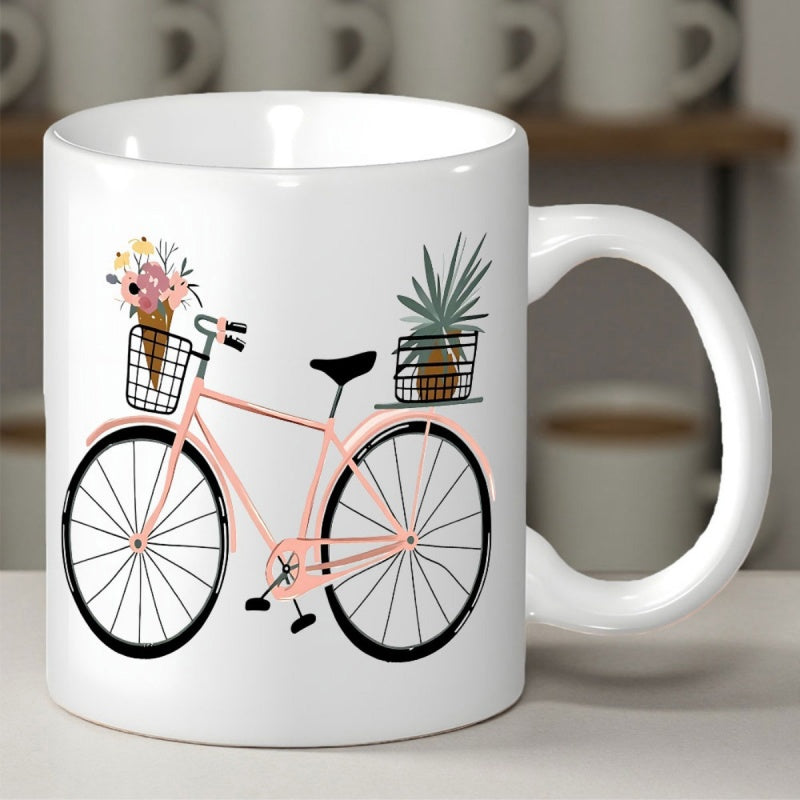 Tailorly White Ceramic 11 oz Mug - Charming Pink Vintage Frame With Baskets Holding Blossoms And Pineapple Bicycle