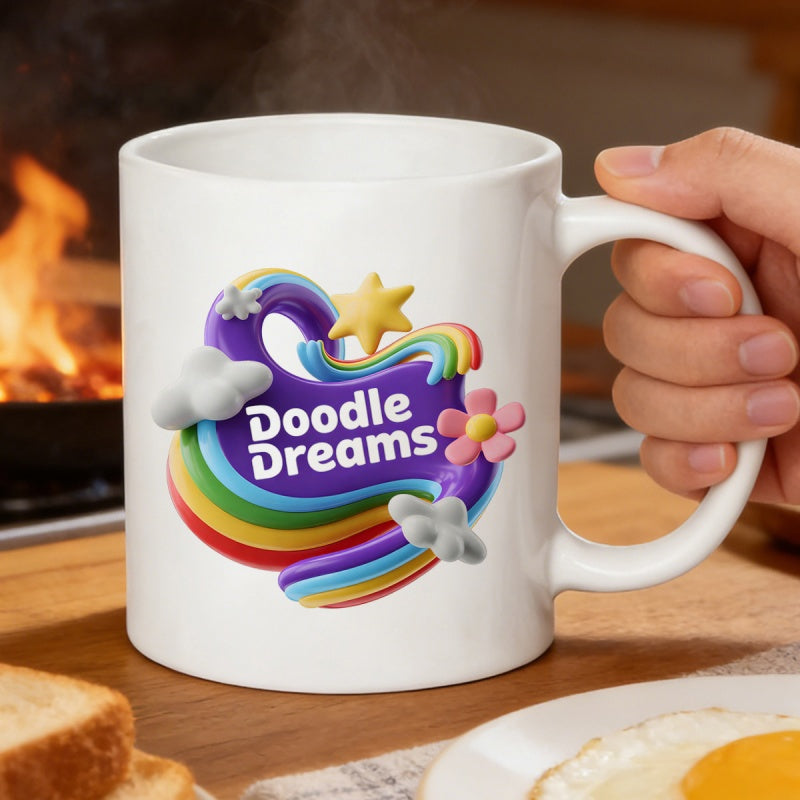 Tailorly White Ceramic 11 oz Mug - Doodle Dreams Colorful Three Dimensional Rainbow With Fluffy Clouds And Glowing Star Mug