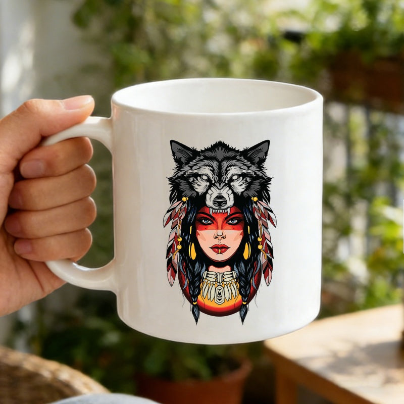 Tailorly White Ceramic 11 oz Mug - Majestic Native American Warrior Wearing Intricate Tribal Wolf Headdress Woman