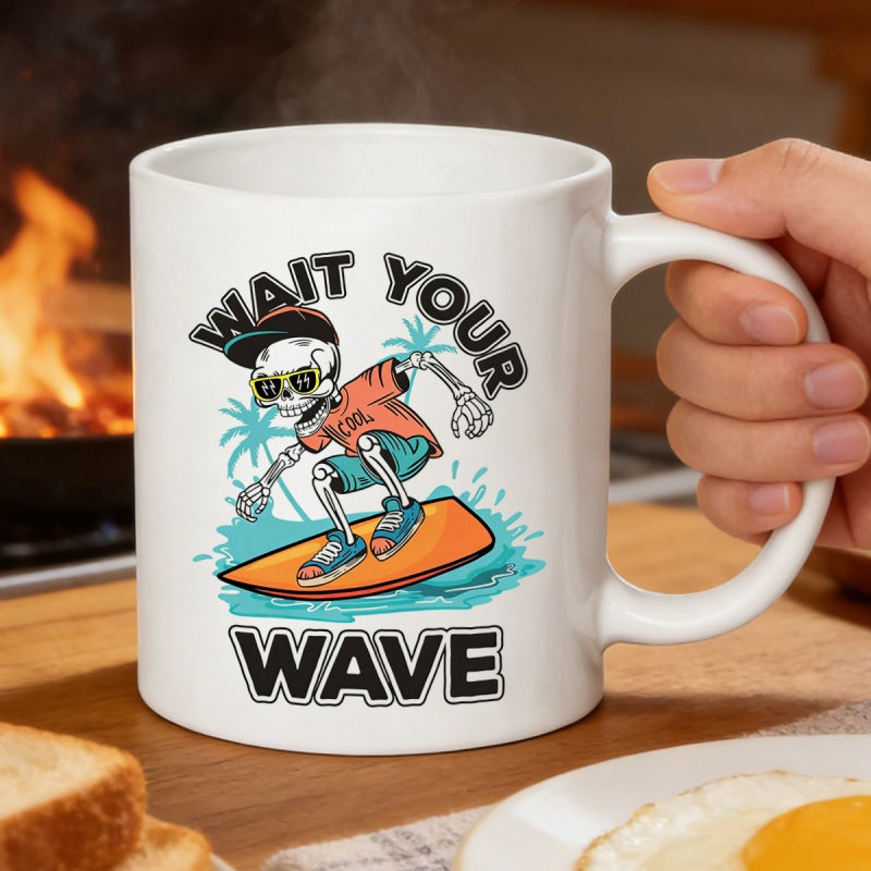Tailorly White Ceramic 11 oz Mug - Wait Your Wave Cool Cartoon Character Surfing On Orange Board Over Blue Ocean Waves Skeleton