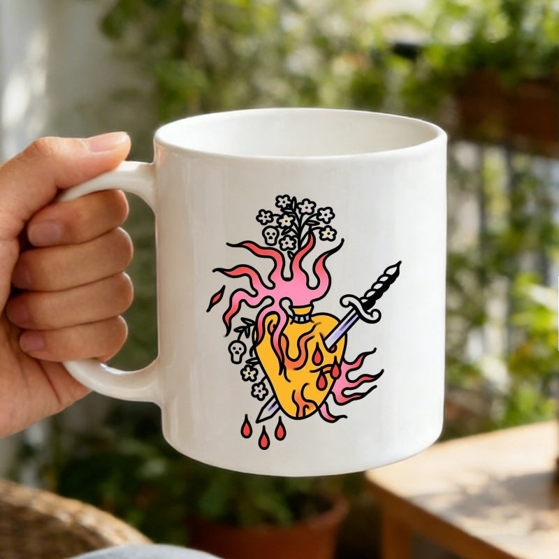 Tailorly White Ceramic 11 oz Mug - Traditional Tattoo Style Featuring Flaming Yellow Heart And Pierced Sharp Dagger Heart