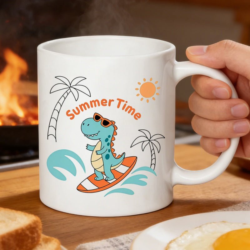 Tailorly White Ceramic 11 oz Mug - Summer Time Cheerful Small Green Creature Surfing On Vibrant Tropical Ocean Waves Dinosaur