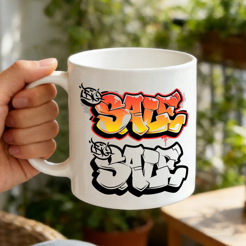 Tailorly White Ceramic 11 oz Mug - Sale Vibrant Orange And Yellow Gradient Bubble Style Letters With Bold Outlines Sign