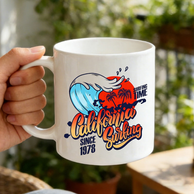 Tailorly White Ceramic 11 oz Mug - California Surfing Since 1978 Surfing Time Stylized Retro Ocean With Palm Trees And Red Sunset Wave