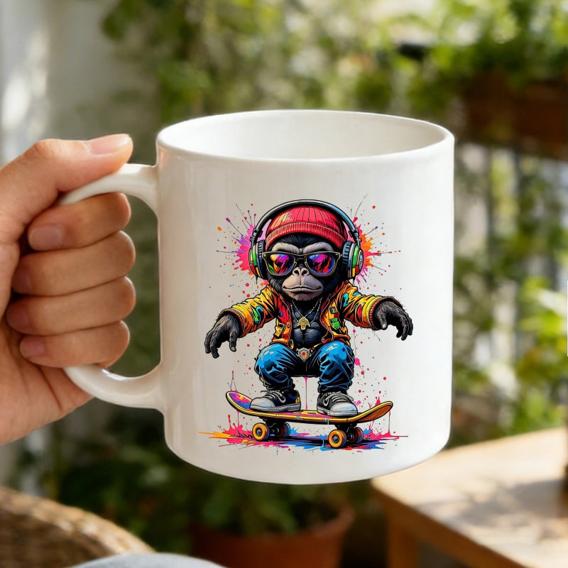 Tailorly White Ceramic 11 oz Mug - Vibrant Street Art Style Wearing Headphones Riding A Cool Skateboard Gorilla
