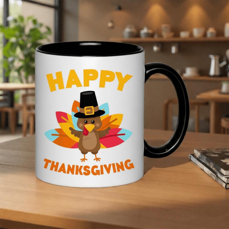 Tailorly Black Accent 11 oz Mug - thanksgiving turkey with hat