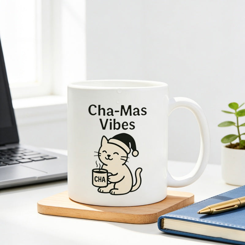 Tailorly White Ceramic 11 oz Mug - Cha Mas Vibes Smiling Little Kitten Wearing Santa Hat Holding Steaming Cup Cat