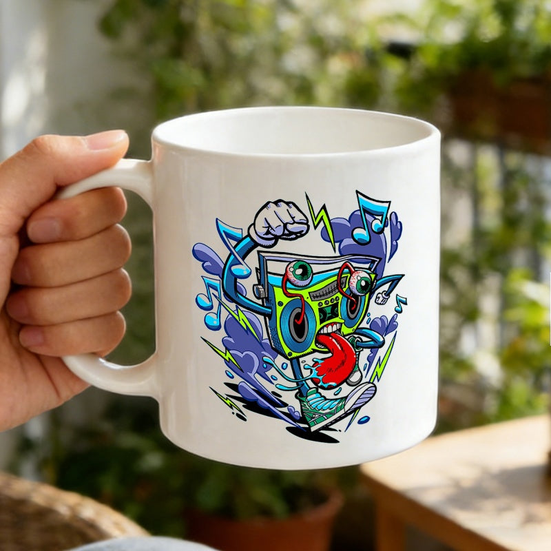 Tailorly White Ceramic 11 oz Mug - Cartoon Character Dancing With Musical Notes And Lightning Bolts Energetic Retro Boombox