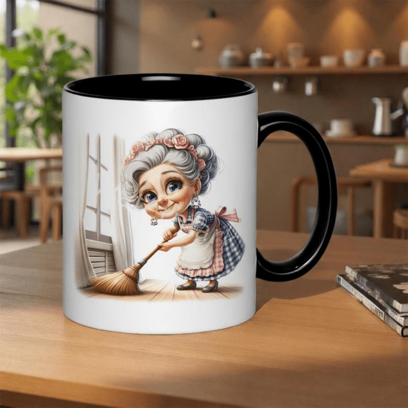 Tailorly Black Accent 11 oz Mug - cute grandma with broom cleaning the floor